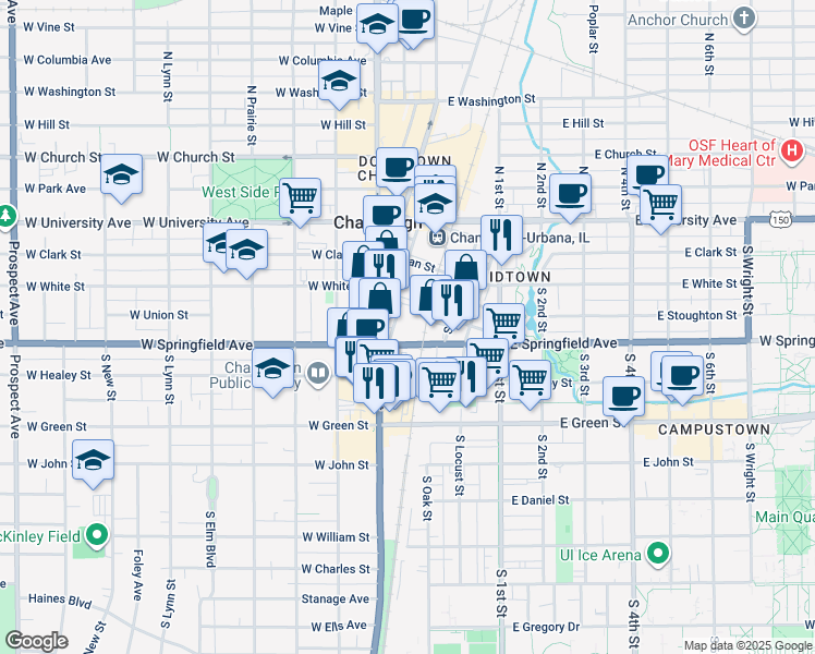 map of restaurants, bars, coffee shops, grocery stores, and more near 14 E Springfield Ave in Champaign