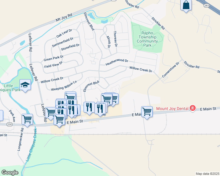 map of restaurants, bars, coffee shops, grocery stores, and more near 121 Lancaster Estates in Mount Joy