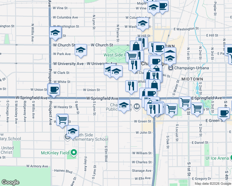 map of restaurants, bars, coffee shops, grocery stores, and more near 408 West Springfield Avenue in Champaign