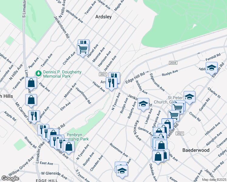 map of restaurants, bars, coffee shops, grocery stores, and more near 501 Edge Hill Road in Glenside