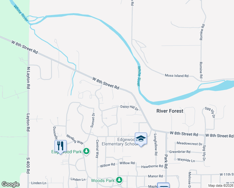 map of restaurants, bars, coffee shops, grocery stores, and more near 3725 West 8th Street Road in Anderson