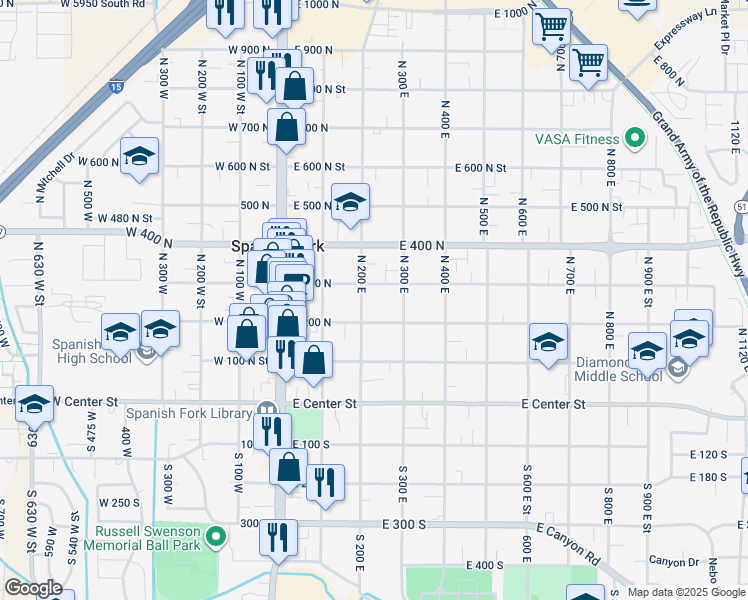 map of restaurants, bars, coffee shops, grocery stores, and more near 244 North 200 East in Spanish Fork