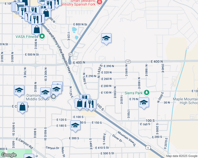 map of restaurants, bars, coffee shops, grocery stores, and more near 1005 East 260 North in Spanish Fork