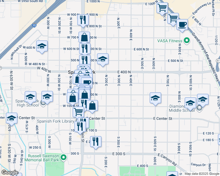 map of restaurants, bars, coffee shops, grocery stores, and more near 244 North 200 East in Spanish Fork