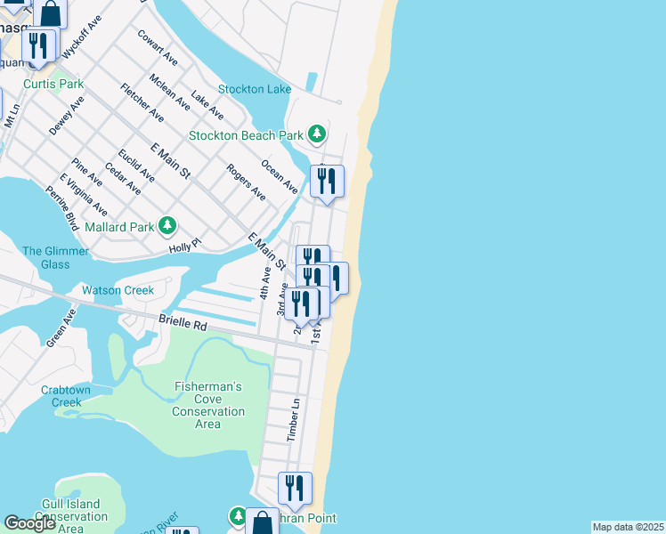 map of restaurants, bars, coffee shops, grocery stores, and more near 167 1st Avenue in Manasquan