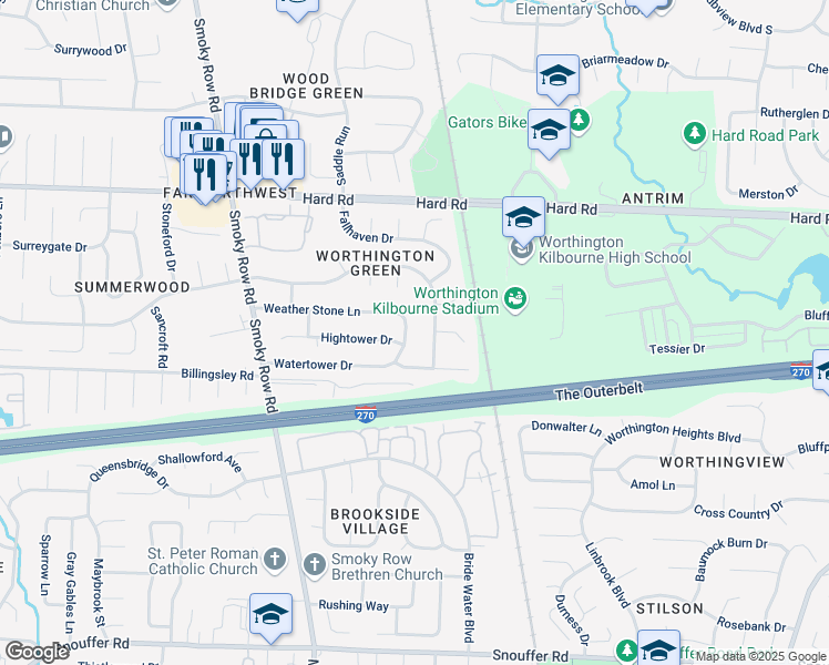 map of restaurants, bars, coffee shops, grocery stores, and more near 7593 Toweron Lane in Columbus
