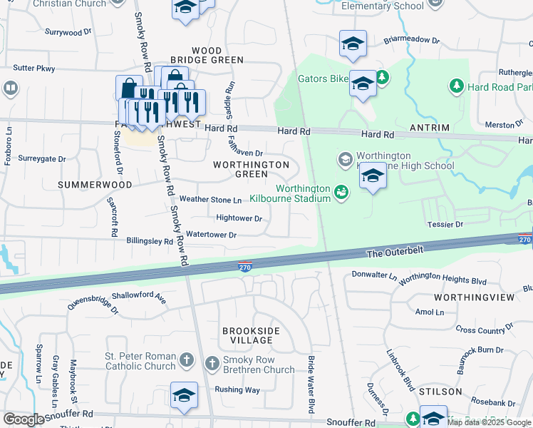 map of restaurants, bars, coffee shops, grocery stores, and more near 1678 Hightower Drive in Columbus