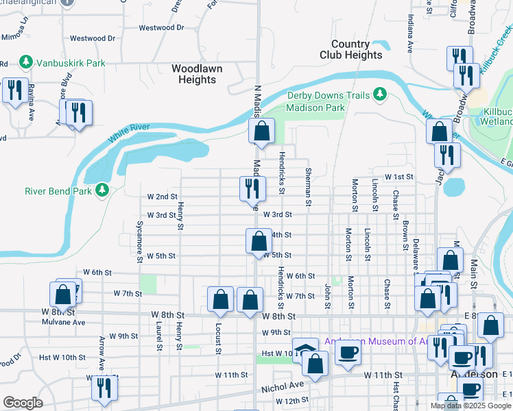 map of restaurants, bars, coffee shops, grocery stores, and more near 1000 West 3rd Street in Anderson