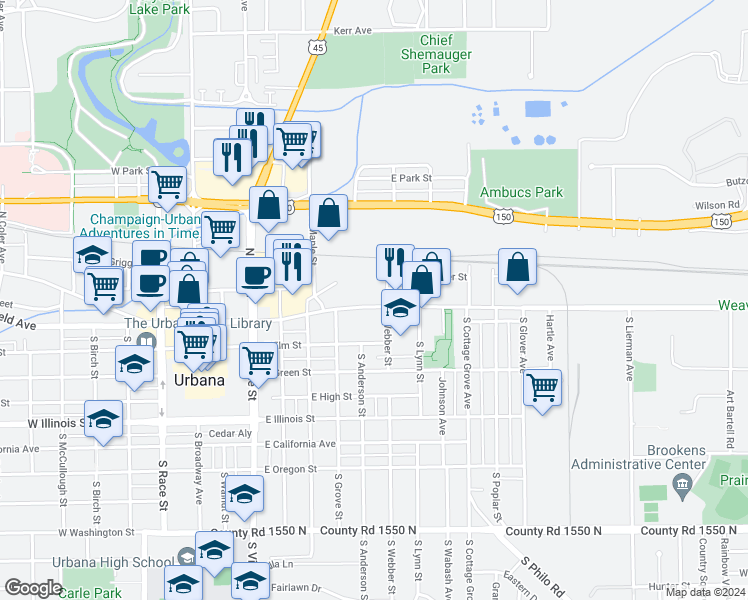map of restaurants, bars, coffee shops, grocery stores, and more near 704 County Road 1600 North in Urbana