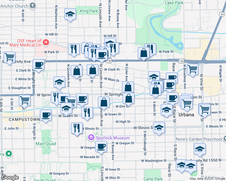 map of restaurants, bars, coffee shops, grocery stores, and more near 802 West Springfield Avenue in Urbana