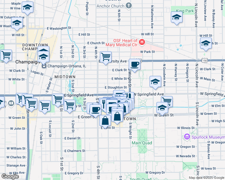 map of restaurants, bars, coffee shops, grocery stores, and more near in Champaign
