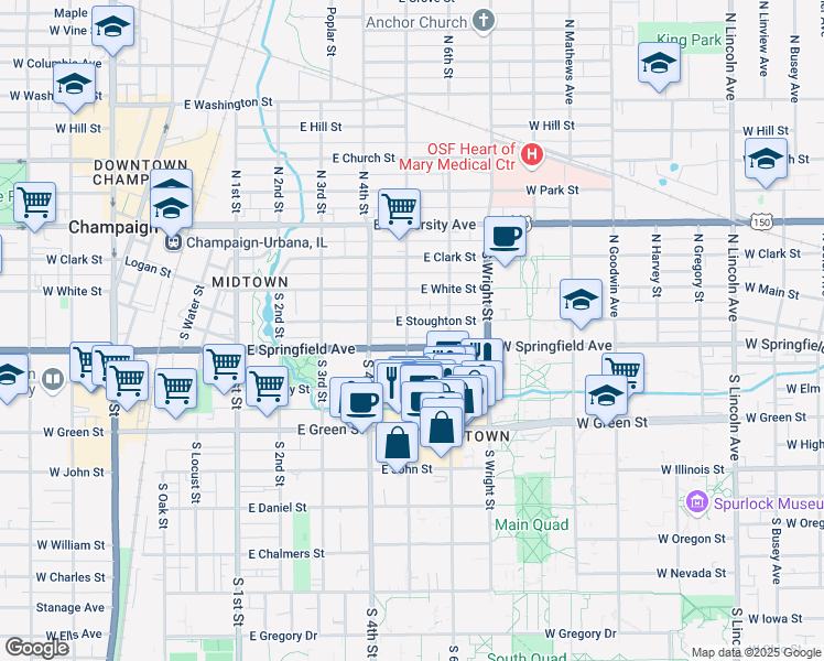 map of restaurants, bars, coffee shops, grocery stores, and more near in Champaign
