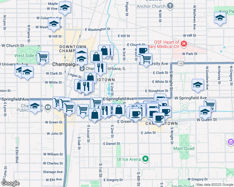 map of restaurants, bars, coffee shops, grocery stores, and more near 208 East Springfield Avenue in Champaign