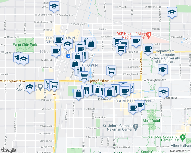 map of restaurants, bars, coffee shops, grocery stores, and more near 208 East Springfield Avenue in Champaign