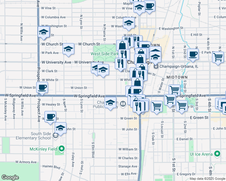 map of restaurants, bars, coffee shops, grocery stores, and more near 318 South Prairie Street in Champaign