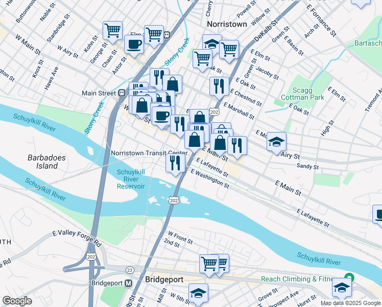 map of restaurants, bars, coffee shops, grocery stores, and more near in Norristown