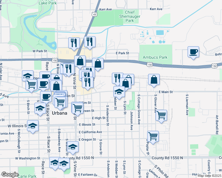 map of restaurants, bars, coffee shops, grocery stores, and more near 704 County Road 1600 North in Urbana