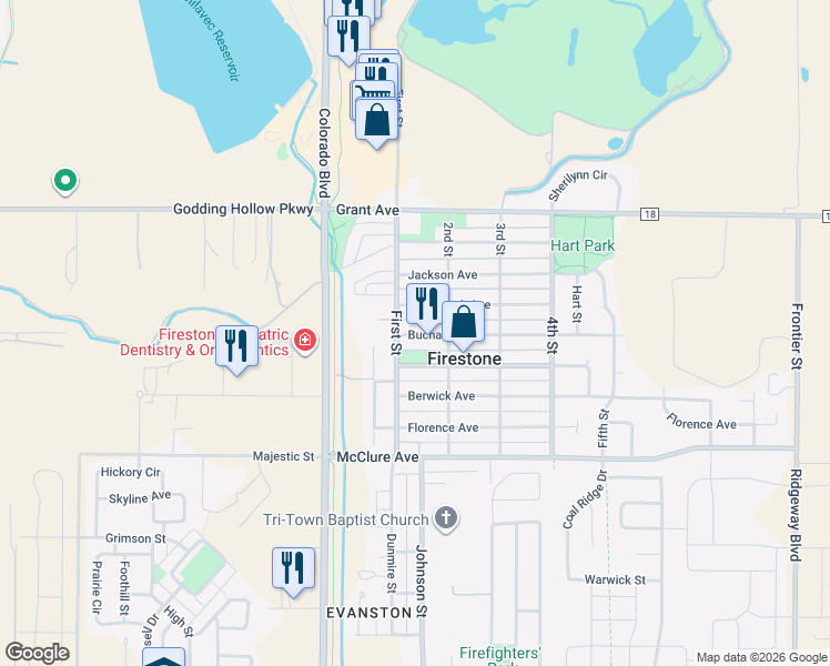 map of restaurants, bars, coffee shops, grocery stores, and more near 120 Buchanan Avenue in Firestone