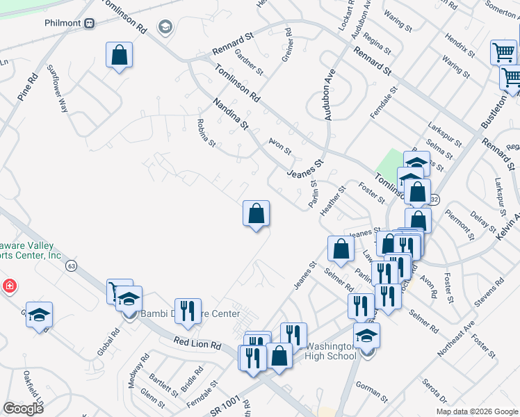 map of restaurants, bars, coffee shops, grocery stores, and more near 10061 Sandmeyer Lane in Philadelphia