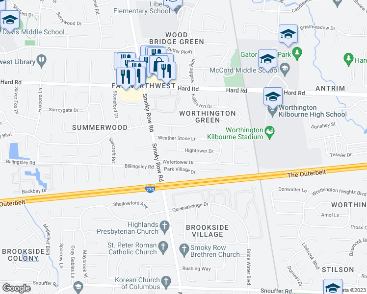 map of restaurants, bars, coffee shops, grocery stores, and more near 1782 Hightower Drive in Columbus