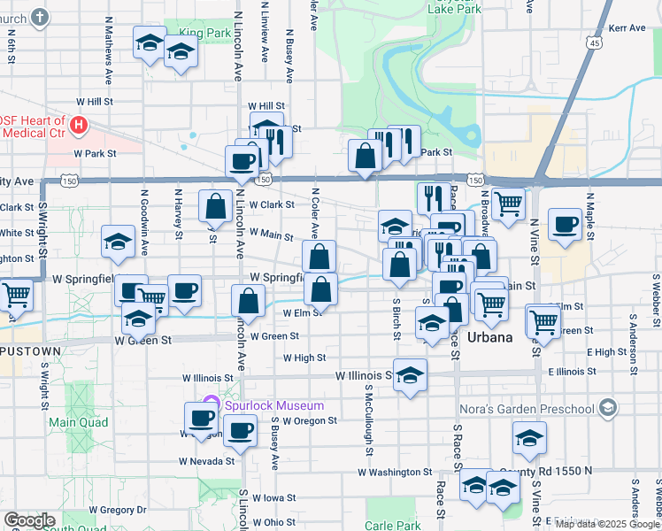 map of restaurants, bars, coffee shops, grocery stores, and more near 604 West Stoughton Street in Urbana