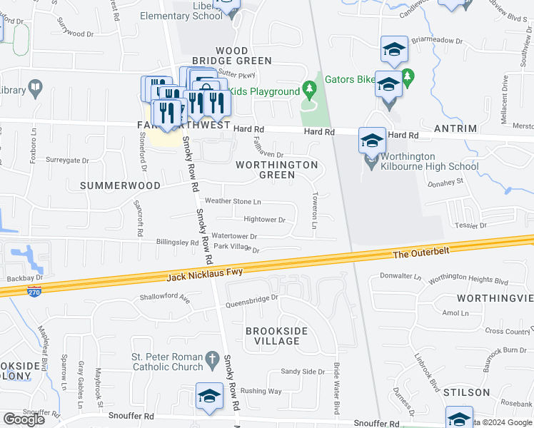 map of restaurants, bars, coffee shops, grocery stores, and more near 1722 Hightower Drive in Columbus