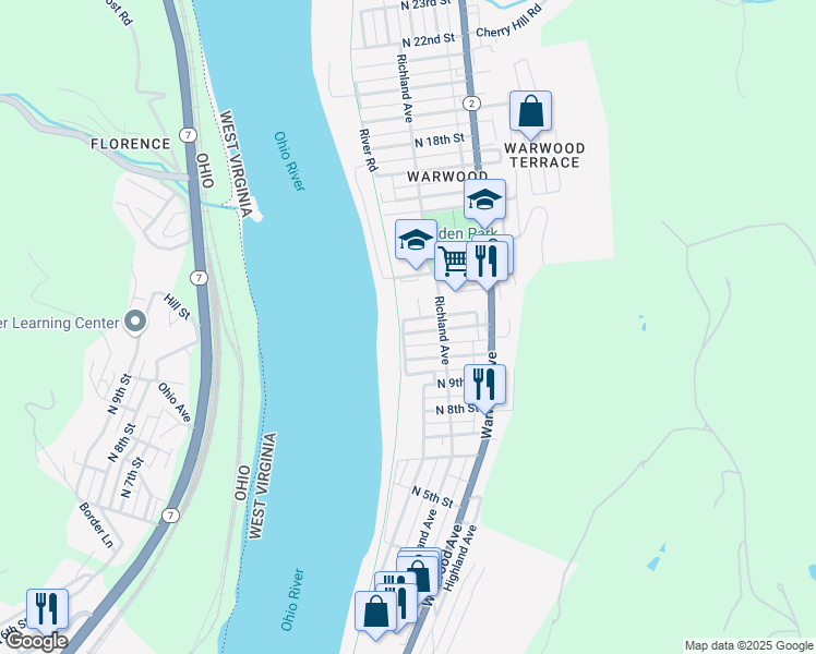 map of restaurants, bars, coffee shops, grocery stores, and more near 142 N 11th St in Wheeling
