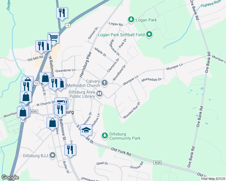 map of restaurants, bars, coffee shops, grocery stores, and more near 241 Mumper Lane in Dillsburg