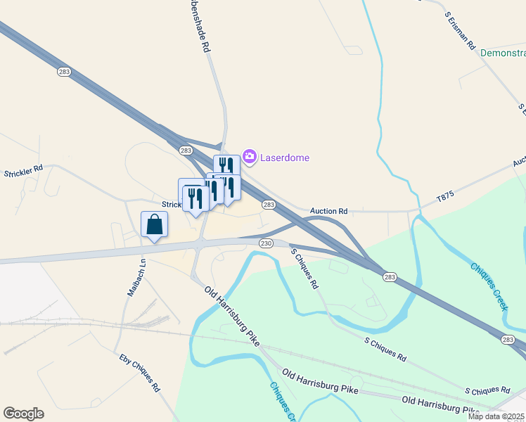 map of restaurants, bars, coffee shops, grocery stores, and more near 2200 Huber Drive in Manheim