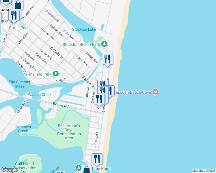 map of restaurants, bars, coffee shops, grocery stores, and more near 167 1st Avenue in Manasquan