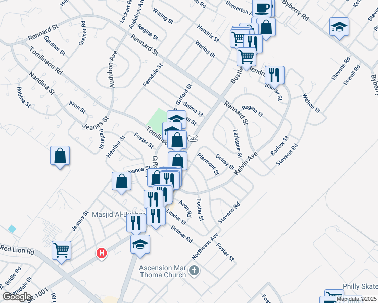 map of restaurants, bars, coffee shops, grocery stores, and more near 11009 Bustleton Avenue in Philadelphia