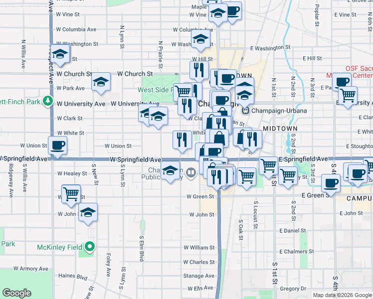 map of restaurants, bars, coffee shops, grocery stores, and more near 316 South State Street in Champaign