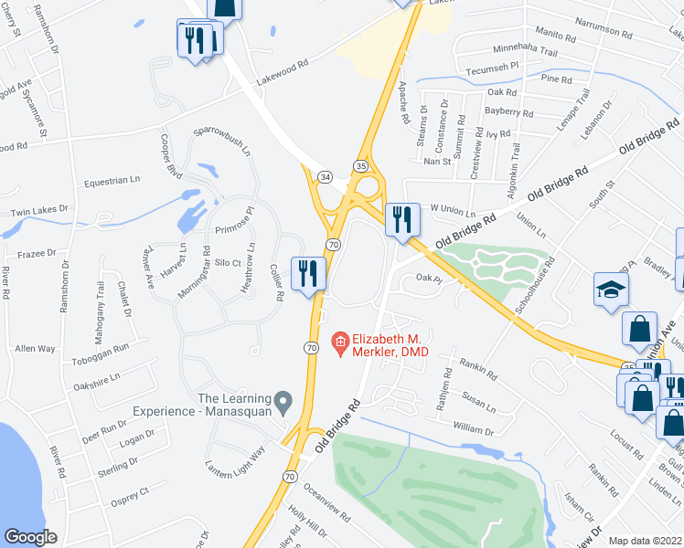 map of restaurants, bars, coffee shops, grocery stores, and more near 1022 Oval Road in Manasquan