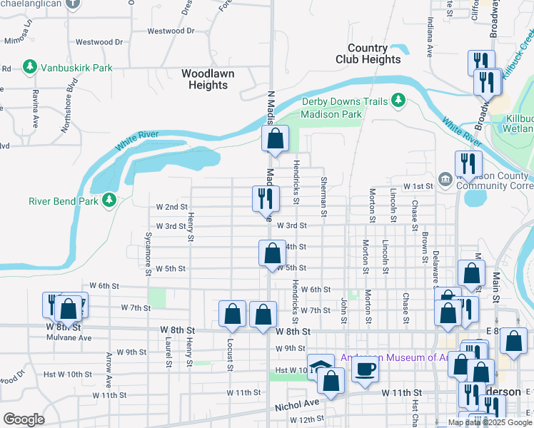 map of restaurants, bars, coffee shops, grocery stores, and more near 1000 West 3rd Street in Anderson
