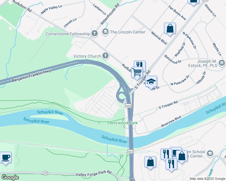 map of restaurants, bars, coffee shops, grocery stores, and more near 118 Evelyn Drive in Norristown