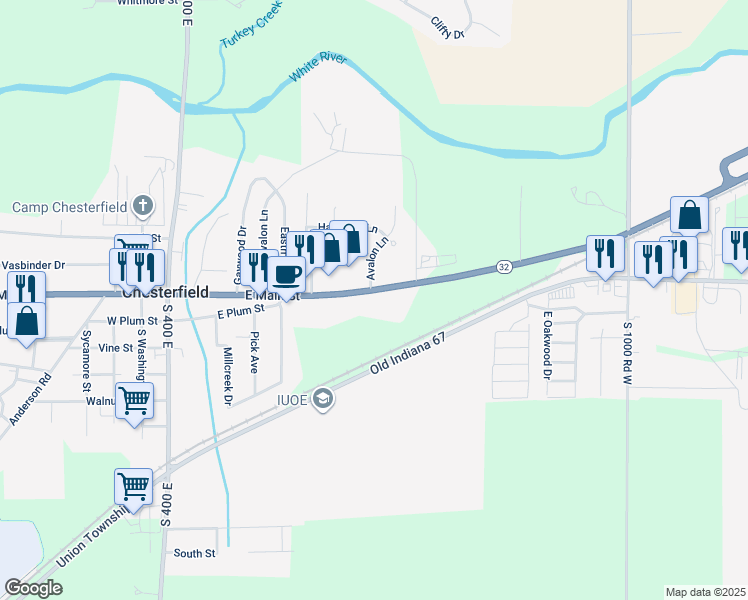 map of restaurants, bars, coffee shops, grocery stores, and more near 4409 Indiana 32 in Anderson