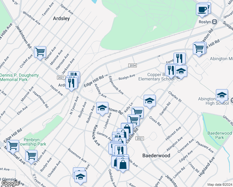 map of restaurants, bars, coffee shops, grocery stores, and more near 659 Roberts Avenue in Glenside