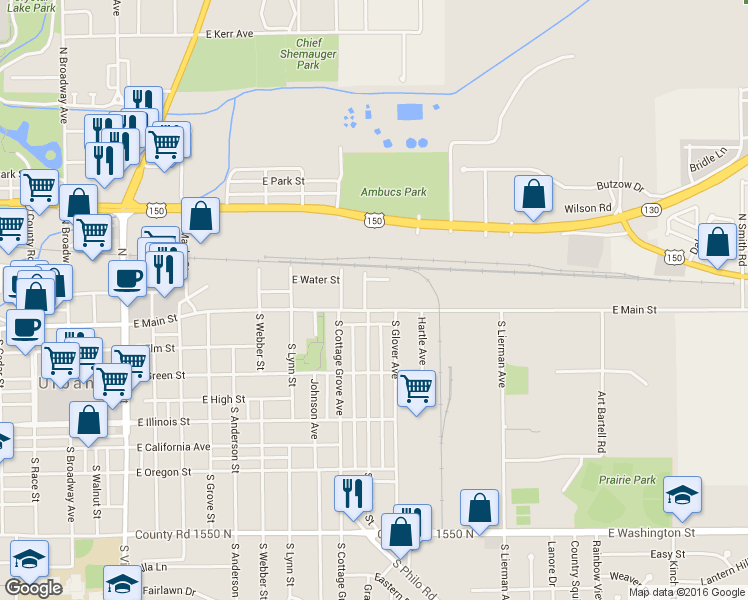 map of restaurants, bars, coffee shops, grocery stores, and more near 1205 County Road 1600 North in Urbana