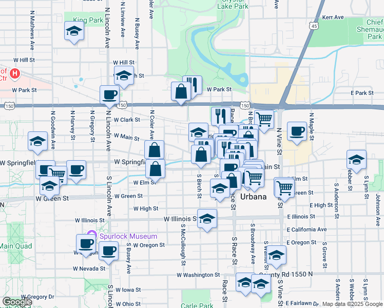 map of restaurants, bars, coffee shops, grocery stores, and more near 407 West Main Street in Urbana