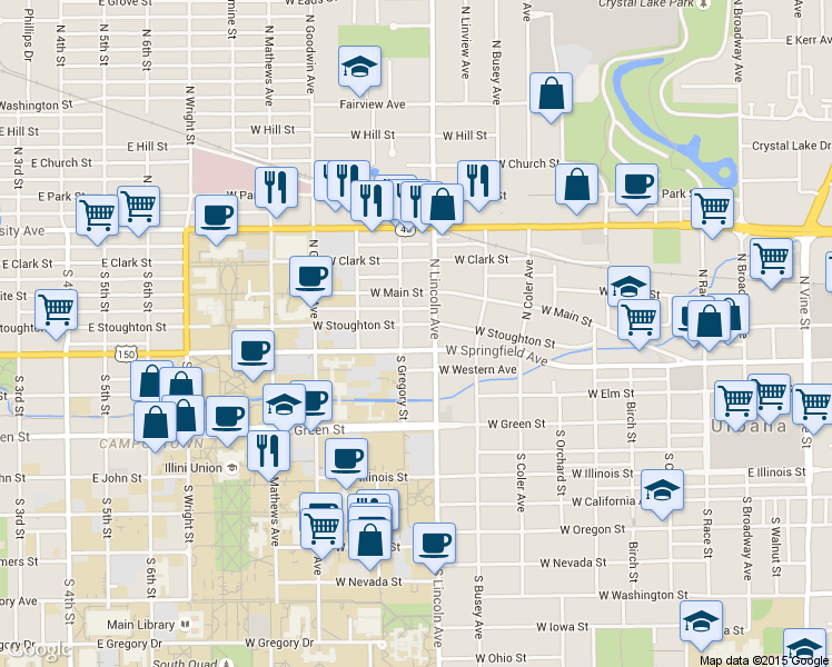 map of restaurants, bars, coffee shops, grocery stores, and more near 902 County Road 1600 North in Urbana
