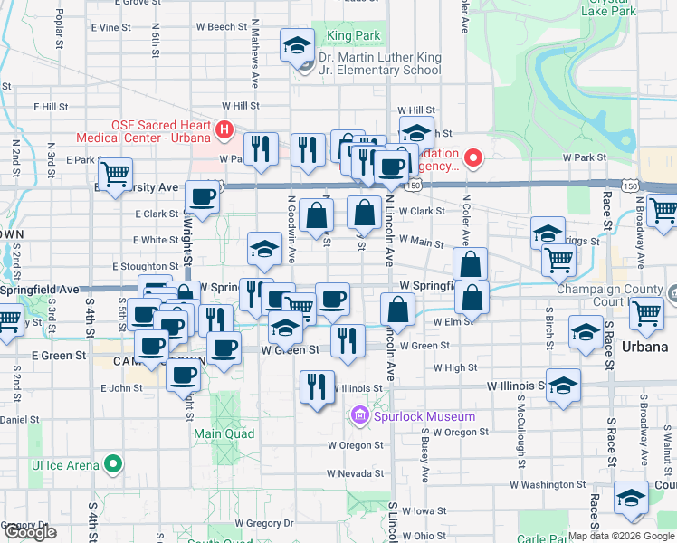 map of restaurants, bars, coffee shops, grocery stores, and more near 1102 West Springfield Avenue in Urbana