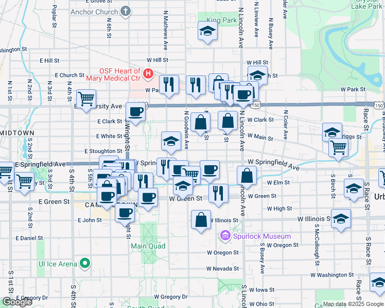 map of restaurants, bars, coffee shops, grocery stores, and more near 1110 West Springfield Avenue in Urbana