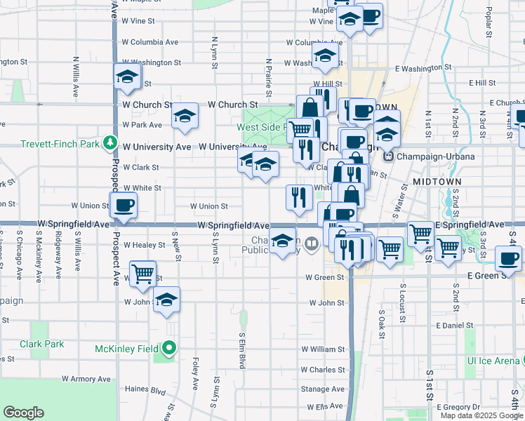 map of restaurants, bars, coffee shops, grocery stores, and more near 408 West Springfield Avenue in Champaign