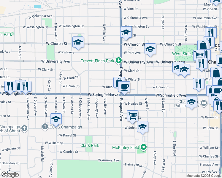map of restaurants, bars, coffee shops, grocery stores, and more near 918 West Springfield Avenue in Champaign