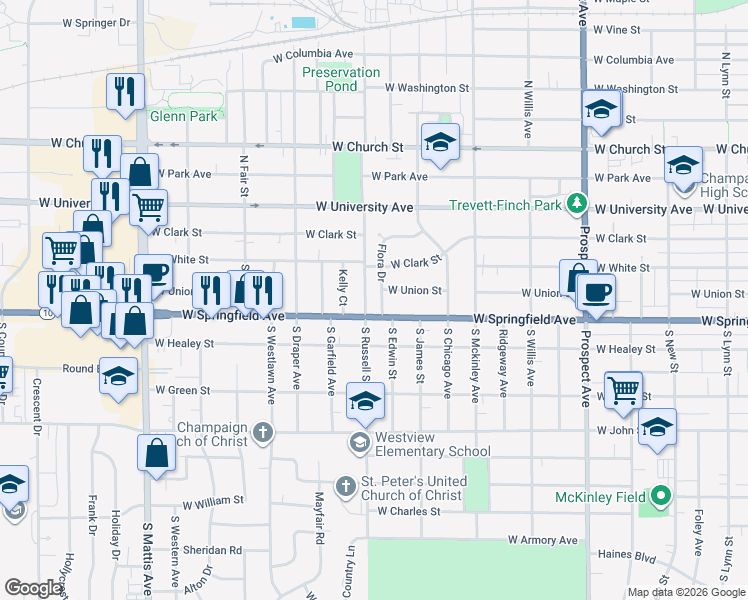 map of restaurants, bars, coffee shops, grocery stores, and more near 319 South Russell Street in Champaign