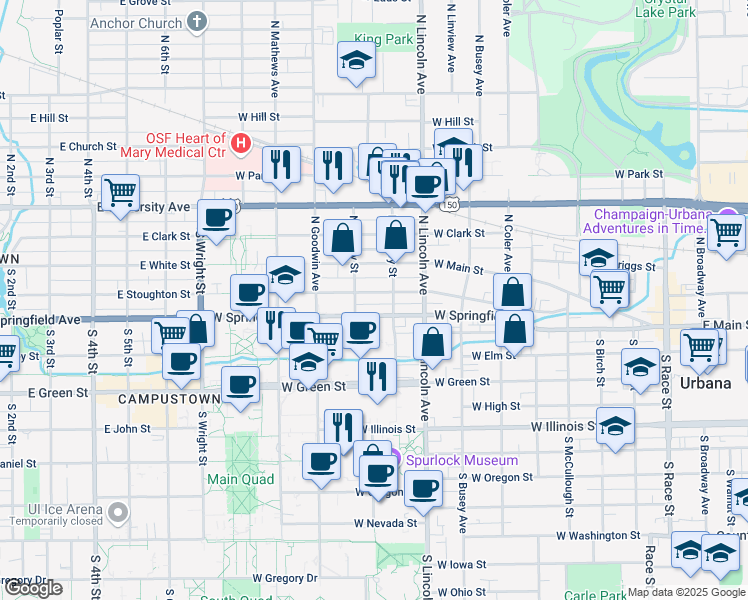 map of restaurants, bars, coffee shops, grocery stores, and more near 1005 West Stoughton Street in Urbana