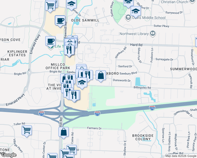 map of restaurants, bars, coffee shops, grocery stores, and more near 2637 Sawbury Boulevard in Columbus