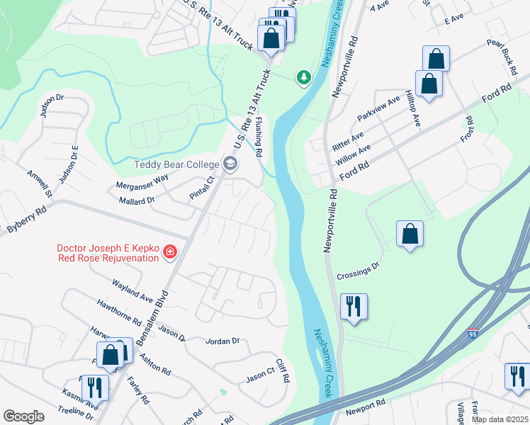 map of restaurants, bars, coffee shops, grocery stores, and more near 5220 Windward Lane in Bensalem