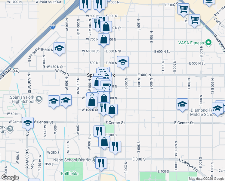 map of restaurants, bars, coffee shops, grocery stores, and more near 265 North 100 East in Spanish Fork