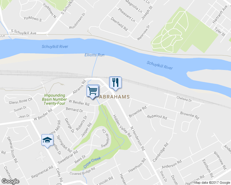 map of restaurants, bars, coffee shops, grocery stores, and more near 100 East Beidler Road in King of Prussia